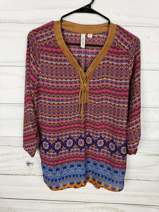 Tacera Tops - Tacera Women's Size M Lace-Up Front Geometric Print Blouse